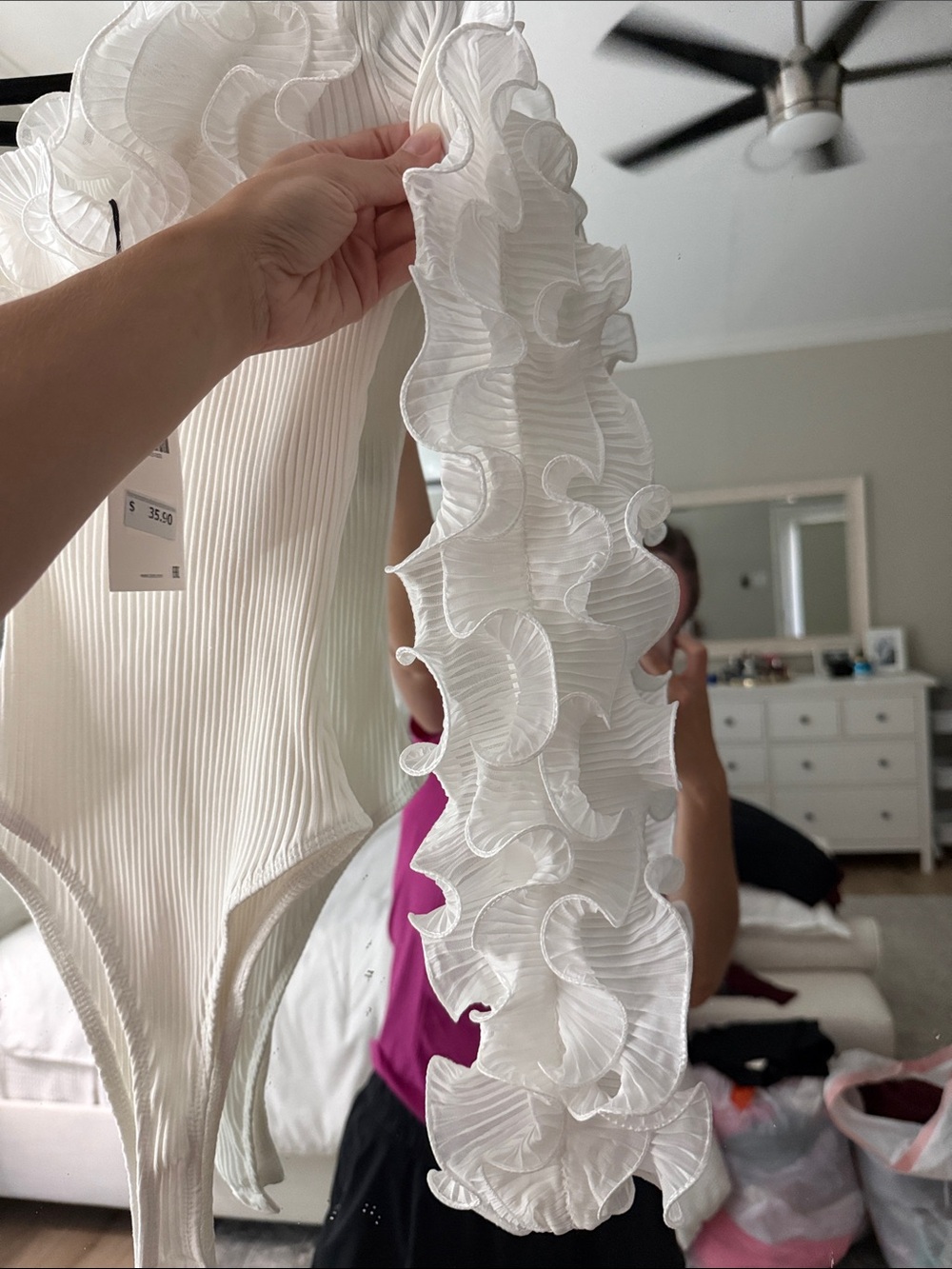 Zara White One-Shoulder Ruffle Ribbed Bodysuit - Picture 3 of 4